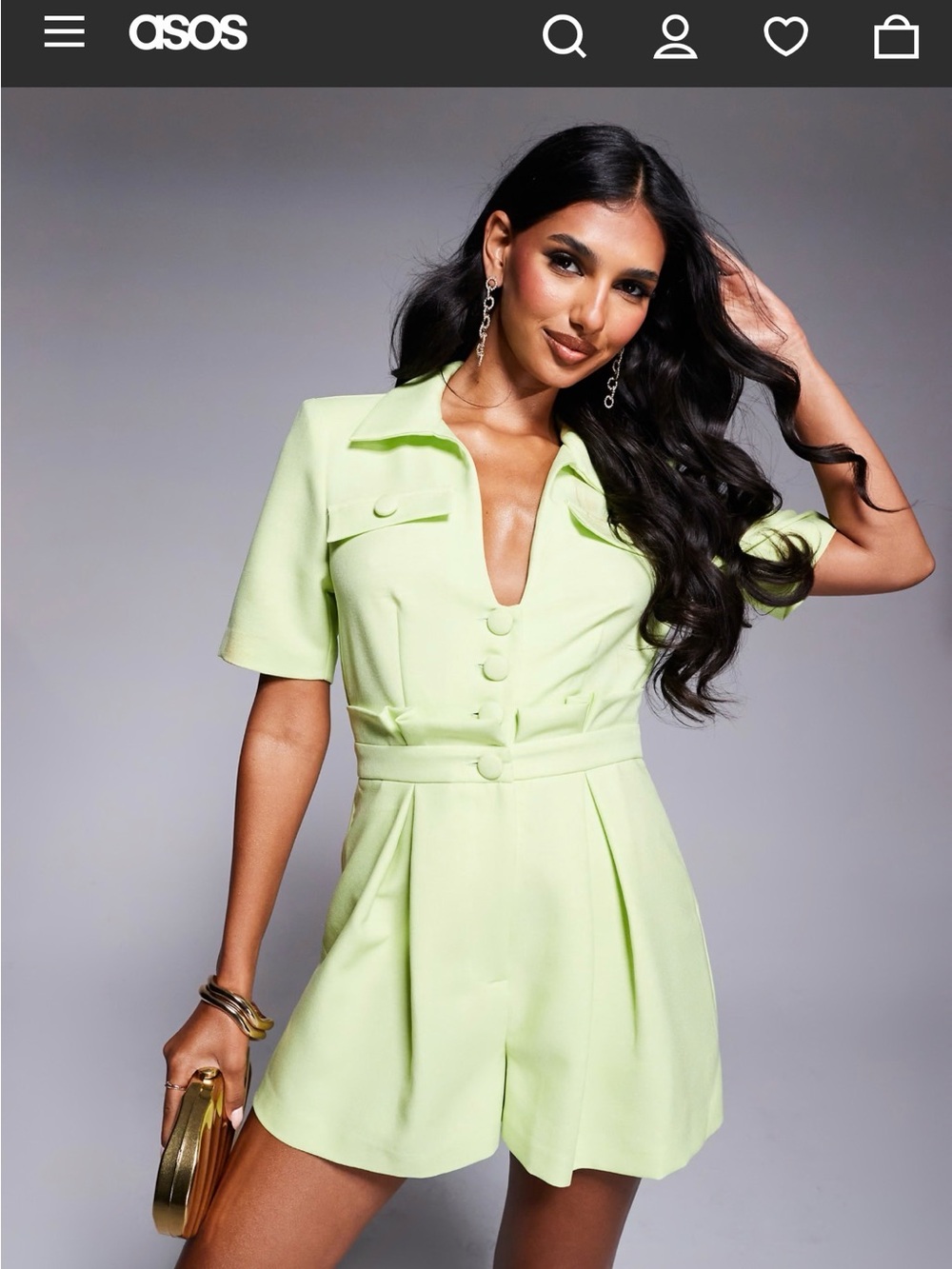 ASOS LUXE Linen Look Paper Bag Romper in Lime Short Sleeve Button-Front NWT 14
